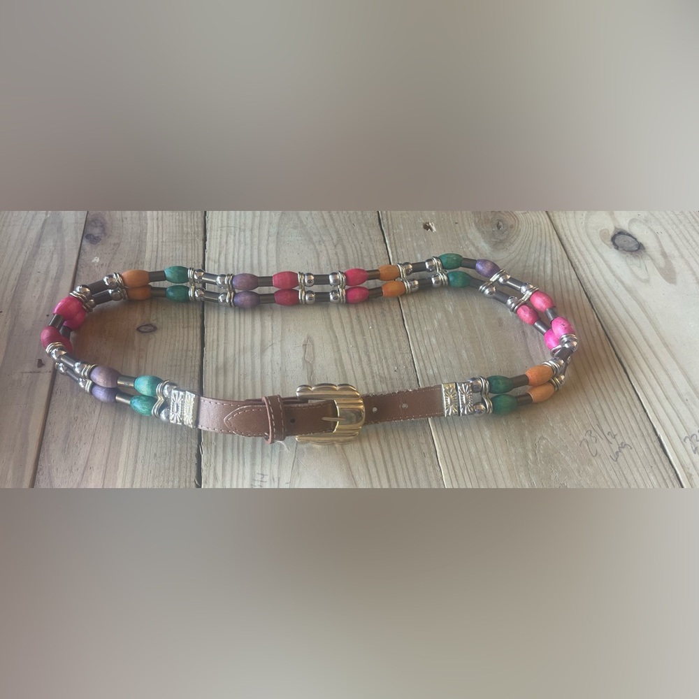 Womens Vintage 80s Belt Multicolor Wooden Beads Statement Accessory Korea 28-30